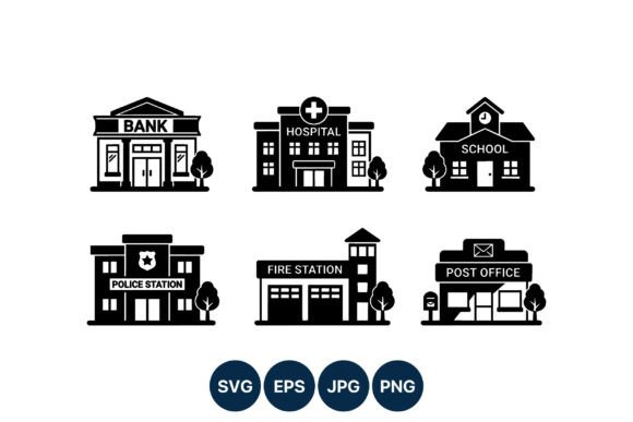 Black White Public Building Vector Icons: Graphics for Editorial Use