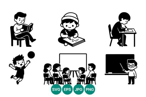 Children Reading Writing Playing Vector Graphics