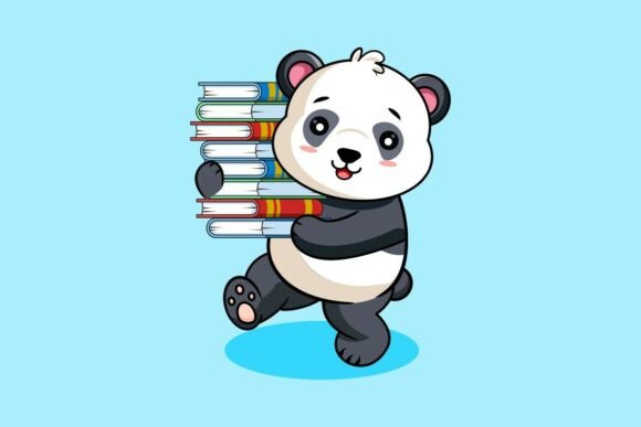 Cute Panda Carrying Stack of Books: Graphics & Illustrations